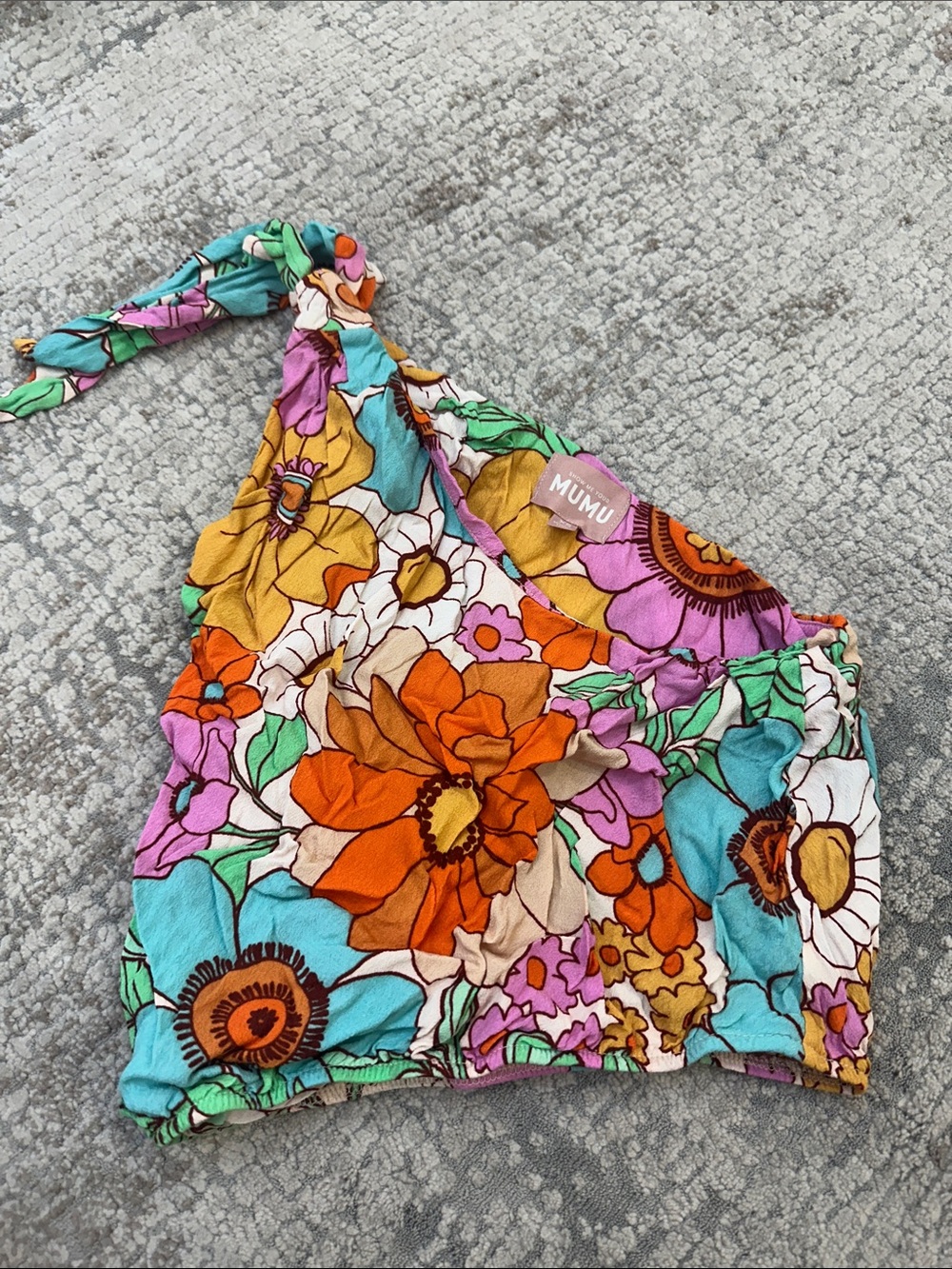 Show Me Your MuMu One-Shoulder Floral Crop Top in Turquoise, Orange & Purple